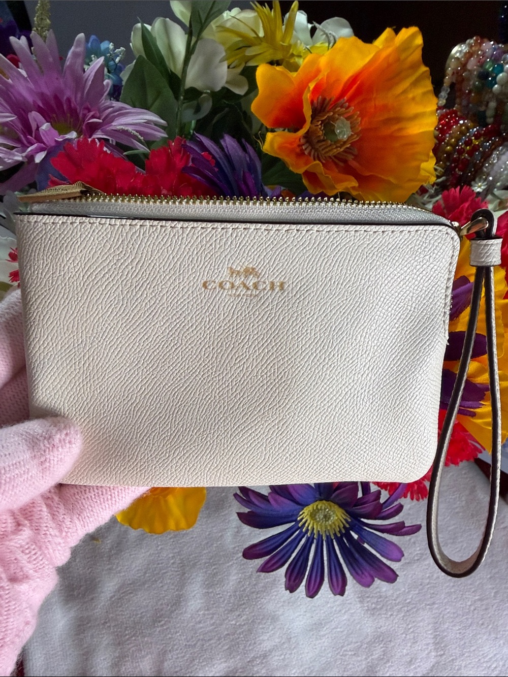 Coach Chalk Pebble Leather Wristlet with Gold Logo